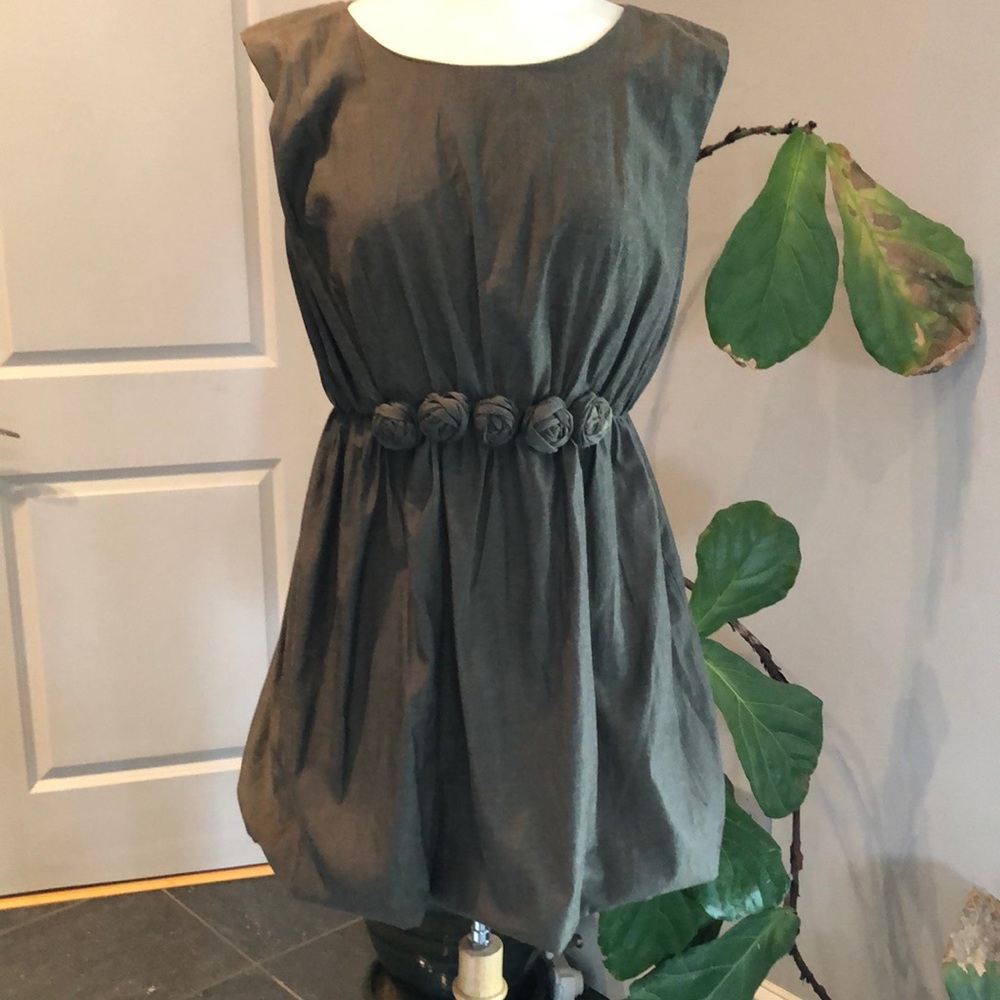 Khaki Brownish Green Dress with Rosebuds in front on waistline